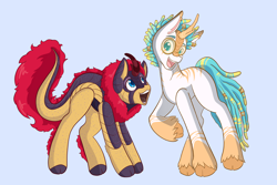 Size: 2048x1365 | Tagged: safe, artist:mscolorsplash, oc, oc only, kirin, pony, cloven hooves, commission, dreadlocks, duo, glasses, kirin oc, light blue background, looking at each other, looking at someone, open mouth, open smile, round glasses, simple background, smiling, smiling at each other