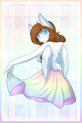 Size: 1365x2048 | Tagged: safe, artist:mscolorsplash, oc, oc only, oc:color splash, pegasus, anthro, abstract background, breasts, clothes, colored pupils, dress, female, grin, heart, looking at you, looking back, looking back at you, mare, sideboob, smiling, smiling at you, solo, sundress