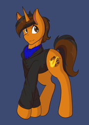 Size: 1462x2048 | Tagged: safe, artist:mscolorsplash, oc, oc only, oc:colt train, pony, unicorn, blue background, clothes, commission, commissioner:legionofblues, eyebrows, eyebrows visible through hair, horn, jacket, simple background, smiling, solo