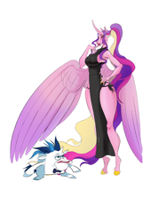 Size: 2048x2732 | Tagged: safe, artist:iki-ki, princess cadance, shining armor, alicorn, unicorn, anthro, unguligrade anthro, g4, alternate hairstyle, big breasts, black dress, bowtie, braless, breasts, busty princess cadance, clothes, dress, duo, duo male and female, female, hand on hip, high res, hoers, horn, large wings, male, meme, one wing out, reference, ship:shiningcadance, shipping, side slit, simple background, spongebob reference, spongebob squarepants, spongegar, straight, the bride and the ugly ass groom, white background, wide hips, wings
