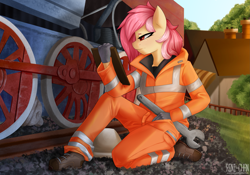 Size: 2863x2000 | Tagged: safe, artist:rinikka, oc, oc only, oc:cotton seams, pegasus, anthro, anthro oc, clipboard, clothes, detailed background, female, house, kneeling, locomotive, mare, outdoors, pegasus oc, railroad, solo, steam locomotive, train, tree, uniform, wrench