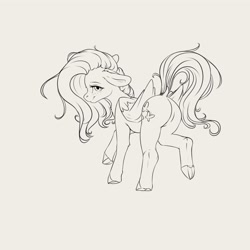 Size: 4000x4000 | Tagged: safe, artist:miokomata, fluttershy, pegasus, pony, g4, bedroom eyes, butt, dock, female, floppy ears, flutterbutt, freckles, freckleshy, grayscale, lineart, looking at you, looking back, looking back at you, mare, monochrome, plot, simple background, smiling, smiling at you, solo, standing on two hooves, tail, underhoof, white background