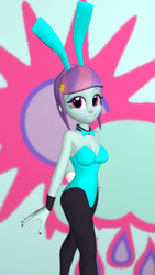 Size: 1080x1920 | Tagged: safe, artist:oatmeal!, part of a set, sunny flare, human, equestria girls, g4, 3d, blue leotard, bowtie, bunny ears, bunny girl, bunny suit, clothes, cutie mark, cutie mark background, easter, gmod, holiday, leotard, looking at you, skintight clothes, solo, tights, walking, wide hips