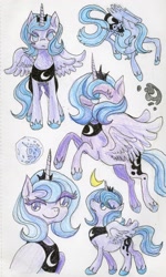 Size: 1231x2048 | Tagged: safe, artist:teochronico, princess luna, alicorn, pony, g4, crown, female, hoof shoes, jewelry, mare, pencil drawing, peytral, princess shoes, regalia, s1 luna, sketch, sketch dump, solo, traditional art, wall eyed