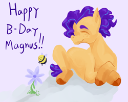 Size: 2000x1600 | Tagged: safe, artist:teochronico, oc, oc only, bee, earth pony, insect, pony, birthday, earth pony oc, eyes closed, flower, freckles, smiling, solo