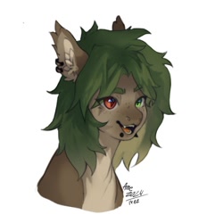 Size: 852x885 | Tagged: safe, artist:ametff3, oc, oc only, oc:ame, bat pony, pony, bat pony oc, brown coat, bust, coat markings, colored eyebrows, colored muzzle, colored pinnae, countershading, cute, cute little fangs, ear fluff, ear piercing, ear tufts, earring, eye clipping through hair, eyelashes, fangs, female, freckles, green mane, heterochromia, jewelry, lip piercing, mare, messy mane, multicolored mane, open mouth, open smile, piercing, portrait, signature, simple background, slit pupils, smiling, snake bites, solo, teeth, white background, wingding eyes