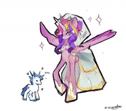 Size: 1698x1488 | Tagged: safe, artist:ametff3, princess cadance, shining armor, alicorn, pony, unicorn, g4, alternate hairstyle, bags under eyes, blush scribble, blushing, clothes, colored hooves, colored horn, colored sketch, colored wings, dot eyes, dress, duo, duo male and female, eye clipping through hair, female, frown, gradient wings, hair bun, height difference, hoof shoes, horn, long horn, long legs, male, mare, meme, multicolored mane, pink coat, princess shoes, purple eyes, raised hoof, ship:shiningcadance, shipping, signature, simple background, size difference, sketch, slender, smiling, sparkles, spiky mane, spread wings, stallion, straight, tail, text, the bride and the ugly ass groom, thin, toy interpretation, two toned mane, two toned tail, unicorn horn, unshorn fetlocks, veil, wedding dress, wedding veil, white background, white coat, wing fluff, wingding eyes, wings