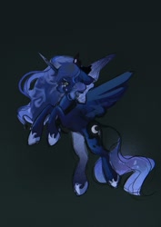 Size: 1448x2048 | Tagged: safe, artist:ametff3, princess luna, alicorn, pony, g4, alternate design, blue coat, blue eyes, blue mane, blue tail, colored muzzle, colored sketch, concave belly, crown, crying, ethereal mane, ethereal tail, eyelashes, eyeshadow, female, flying, frown, gradient background, hoof shoes, horn, horn cap, jewelry, leonine tail, long horn, long legs, makeup, mare, peytral, princess shoes, profile, raised hooves, regalia, sketch, slender, solo, spread wings, starry mane, starry tail, tail, teardrop, thin, tiara, unicorn horn, wavy mane, wavy tail, wingding eyes, wings