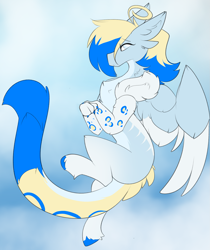Size: 1689x2012 | Tagged: safe, artist:beardie, oc, oc only, oc:azure opus, draconequus, big tail, blind, claws, draconequified, female, flying, in air, neck fluff, paws, solo, species swap, spots, spread wings, tail, wings