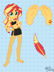 Size: 2048x2732 | Tagged: safe, artist:redhorney, sunset shimmer, equestria girls, g4, bikini, clothes, cutie mark on human, feather, feet, female, fetish, fishnet pantyhose, foot fetish, foot focus, solo, swimsuit, unmoving plaid