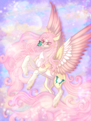 Size: 1500x2000 | Tagged: safe, artist:toge-kissed, fluttershy, butterfly, pegasus, pony, g4, abstract background, alternate cutie mark, alternate design, butterfly on nose, colored wings, colored wingtips, female, flying, freckles, insect on nose, large wings, lightly watermarked, long mane, long tail, mare, solo, spread wings, tail, watermark, wings