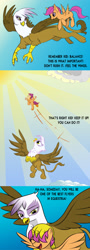Size: 977x2702 | Tagged: safe, artist:cyb3rwaste, gilda, scootaloo, griffon, pegasus, pony, g4, cloud, eyes closed, flying, head rub, open mouth, open smile, scootaloo can fly, scootalove, smiling, sun