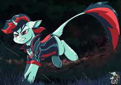 Size: 1230x861 | Tagged: safe, artist:brainiac, oc, oc only, oc:blackjack, pony, unicorn, fallout equestria, fallout equestria: project horizons, curved horn, fanfic art, female, horn, leonine tail, mare, red eyes, solo, tail, unshorn fetlocks