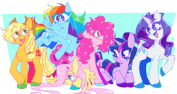 Size: 4021x2138 | Tagged: safe, artist:pinkpalletta, applejack, fluttershy, pinkie pie, rainbow dash, rarity, twilight sparkle, earth pony, pegasus, pony, unicorn, g4, backwards cutie mark, colored hooves, confetti, eyebrows, eyebrows visible through hair, female, flying, hair over one eye, horn, lying down, mane six, mare, passepartout, prone, simple background, spread legs, spread wings, spreading, unicorn twilight, unshorn fetlocks, white background, wings