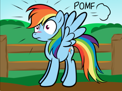 Size: 1199x898 | Tagged: dead source, safe, artist:grumblepluck, edit, rainbow dash, pegasus, pony, g4, blushing, caption, cropped, female, fence, frown, image macro, mare, onomatopoeia, pomf, shocked, solo, spread wings, text, wide eyes, wingboner, wings