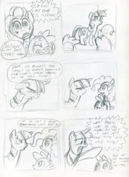 Size: 1275x1754 | Tagged: safe, artist:inspectornills, pinkie pie, spike, twilight sparkle, dragon, earth pony, pony, unicorn, g4, comic, female, horn, implied sex, male, mare, monochrome, sketch