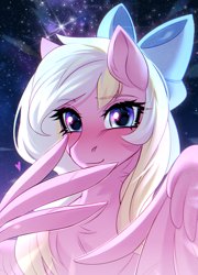 Size: 1950x2715 | Tagged: safe, artist:fenwaru, oc, oc only, oc:bay breeze, pegasus, pony, blushing, bow, bust, cute, female, hair bow, looking at you, mare, pegasus oc, portrait, shy, solo, wingding eyes, wings