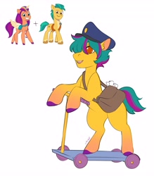 Size: 3589x4096 | Tagged: safe, artist:yutailaarts, hitch trailblazer, sunny starscout, oc, alicorn, g5, my little pony: tell your tale, alicornified, bag, female, male, mane stripe sunny, mare, offspring, parent:hitch trailblazer, parent:sunny starscout, parents:starblazer, postman's hat, race swap, saddle bag, scooter, ship:starblazer, shipping, simple background, stallion, straight, unshorn fetlocks, white background