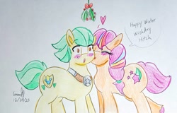 Size: 1860x1188 | Tagged: safe, artist:gmangamer25, hitch trailblazer, sunny starscout, earth pony, g5, blushing, cheek kiss, dialogue box, duo, duo male and female, female, heart, kissing, male, mane stripe sunny, mistleholly, photo, sheriff's badge, ship:starblazer, shipping, signature, simple background, straight, traditional art, white background