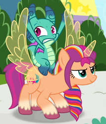 Size: 1540x1796 | Tagged: safe, artist:fedthedox2121, sparky sparkeroni, sunny starscout, alicorn, dragon, pony, g4, g5, artificial horn, artificial wings, augmented, female, g5 to g4, generation leap, horn, magic, magic horn, magic wings, male, older, older sparky sparkeroni, race swap, sunnycorn, wings