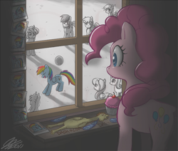 Size: 1200x1016 | Tagged: safe, artist:johnjoseco, edit, derpy hooves, pinkie pie, rainbow dash, earth pony, pegasus, pony, unicorn, g4, background pony, ball, colored pupils, creepy, cupcake, dark, darkness, feather, female, folded wings, food, horn, indoors, lesbian, looking out the window, mare, obsession, open mouth, open smile, outdoors, photo, photoshop, rubber chicken, shadow, ship:pinkiedash, shipping, shrine, smiling, so awesome, stalker, stalker shrine, sugarcube corner, window, wings, yandere, yandere pie