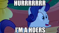 Size: 600x338 | Tagged: safe, edit, edited screencap, screencap, rarity, pony, g4, look before you sleep, season 1, caption, derp, faic, female, golden oaks library, hoers, image macro, solo, text