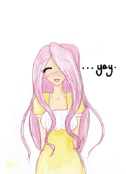 Size: 450x617 | Tagged: safe, artist:gijinka, fluttershy, human, g4, blushing, eyes closed, humanized, simple background, solo, white background, yay