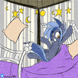 Size: 3072x3072 | Tagged: safe, artist:juniverse, oc, oc only, oc:pixi feather, pegasus, pony, bed, bedroom, commission, fun, happy, jumping, jumping on bed, pillow, solo, stars