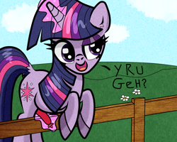 Size: 1500x1200 | Tagged: safe, artist:scandianon, twilight sparkle, unicorn, g4, dialogue, female, fence, food, horn, implied anon, magic, mare, meat, open mouth, open smile, outdoors, sausage, smiling, solo, talking, telekinesis, unicorn twilight, wat, why are you gay?, wtf