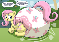 Size: 2258x1632 | Tagged: safe, artist:nyxiettenyxstar, fluttershy, pegasus, pony, g4, <:), air pushed out of diaper, blushing, butt, butt focus, cutie mark diapers, diaper, diaper butt, diaper fetish, diapered, facial expressions, female, fetish, flutterbutt, impossibly large diaper, looking at you, looking back, looking back at you, lying down, mare, open mouth, open smile, plot, poofy diaper, prone, rear, rear view, smiling, solo, speech bubble, talking to viewer