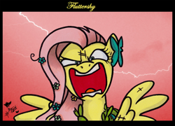 Size: 600x433 | Tagged: safe, artist:kantayeni, fluttershy, pegasus, g4, flutterage, lightning, solo, yelling