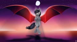 Size: 2500x1364 | Tagged: safe, artist:krapinkaius, oc, oc only, oc:scarlet spectrum, bat pony, eyes closed, female, flying, mare, moon, night, solo, spread wings, wings