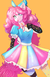 Size: 2995x4559 | Tagged: safe, artist:peanutfrogy, pinkie pie, human, equestria girls, g4, belt, bow, clothes, cute, diapinkes, dress, female, gloves, orange background, ponied up, ribbon, simple background, solo, sparkly mane, stockings, thigh highs, tongue out