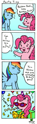 Size: 391x1278 | Tagged: safe, artist:tol-clover, pinkie pie, rainbow dash, earth pony, pegasus, g4, 4 panel comic, 4koma, balloon, churuya, comic, confetti, glasses, hat, noisemaker, nyoro-n, parody, party, party hat