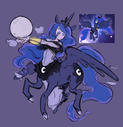 Size: 708x726 | Tagged: safe, artist:sheepiu, princess luna, alicorn, centaur, pony, taur, g4, clothes, eyes closed, female, flying, full moon, horn, jewelry, mare, moon, pony ears, regalia, simple background, skirt, solo, wings