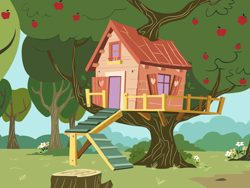 Size: 2048x1536 | Tagged: safe, budge studios, my little pony color by magic, official, .svg available, apple, apple tree, background, clubhouse, crusaders clubhouse, food, no pony, outdoors, scenery, svg, tree, tree stump, treehouse, vector