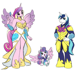 Size: 1280x1181 | Tagged: safe, artist:fotia-kouneli, princess cadance, princess flurry heart, shining armor, alicorn, crystal pony, unicorn, anthro, unguligrade anthro, g4, armor, baby, baby flurry heart, bare shoulders, breasts, busty princess cadance, cleavage, clothes, dress, family, female, filly, foal, hand on hip, height difference, horn, larger female, lidded eyes, looking at you, male, mare, ship:shiningcadance, shipping, simple background, size difference, smaller male, smiling, smiling at you, stallion, straight, trio, white background