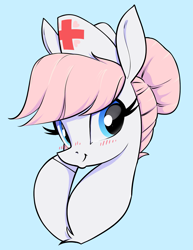 Size: 1427x1852 | Tagged: safe, artist:aquaticvibes, nurse redheart, earth pony, pony, g4, blue background, blushing, bust, cyan background, female, mare, portrait, simple background, solo