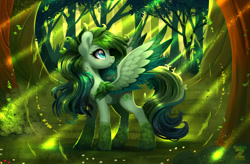 Size: 2400x1574 | Tagged: safe, artist:darksly, oc, oc only, original species, pegasus, plant pony, pony, crepuscular rays, forest, nature, pegasus oc, plant, solo, tree
