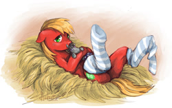 Size: 1573x988 | Tagged: safe, artist:audrarius, big macintosh, smarty pants, earth pony, pony, g4, 2013, butt, clothes, female, floppy ears, frown, hay, hug, looking at you, lying down, macareina, old art, on back, plot, rule 63, socks, solo, striped socks, thigh highs