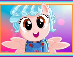 Size: 1441x1125 | Tagged: safe, artist:codenamekid, cozy glow, pegasus, pony, g4, child's play, chucky, cozybetes, cute, female, filly, foal, good filly, happy, looking at you, solo