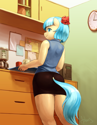 Size: 2813x3621 | Tagged: safe, artist:audrarius, coco pommel, earth pony, anthro, g4, 2016, bedroom eyes, clothes, coffee, dock, female, high res, looking at you, looking back, miniskirt, office, office lady, old art, skirt, sleeveless, smiling, solo, stupid sexy coco pommel, tail, tank top, thighs, tube skirt