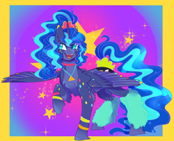 Size: 4096x3319 | Tagged: safe, artist:jezebel_remedy, princess luna, alicorn, pony, g4, 80s princess luna, bracelet, female, fluffy, gradient background, high res, horn, jewelry, mare, necklace, no pupils, open mouth, open smile, passepartout, ponytail, raised hoof, scrunchie, smiling, solo, sparkles, spread wings, stars, wings