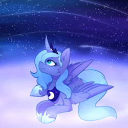 Size: 1500x1500 | Tagged: safe, artist:greenie-ghost, princess luna, alicorn, pony, g4, cheek fluff, ear fluff, female, horn, looking up, lying down, mare, profile, prone, smiling, solo, tail, wings