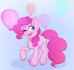 Size: 1468x1386 | Tagged: safe, artist:greenie-ghost, pinkie pie, earth pony, pony, g4, balloon, chest fluff, ear fluff, female, mare, one eye closed, open mouth, open smile, raised hoof, smiling, solo, tail