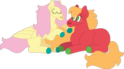 Size: 2657x1476 | Tagged: safe, artist:lepoppeta, big macintosh, fluttershy, earth pony, pegasus, pony, g4, colored hooves, duo, duo male and female, eyes closed, female, long mane, lying down, male, mare, missing accessory, missing cutie mark, playing with hair, prone, ship:fluttermac, shipping, simple background, smiling, stallion, straight, transparent background