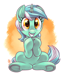 Size: 2580x3060 | Tagged: safe, artist:whitediamonds, lyra heartstrings, pony, unicorn, g4, abstract background, adorable face, cute, female, frog (hoof), grin, high res, horn, looking at you, lyrabetes, mare, signature, sitting, smiling, smiling at you, solo, tail, underhoof, weapons-grade cute