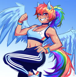 Size: 3742x3800 | Tagged: safe, artist:rumblyf, rainbow dash, human, g4, belly button, breasts, choker, cleavage, clothes, eared humanization, female, fit, gradient background, grin, hand on hip, high res, humanized, midriff, ponytail, reasonably sized breasts, slender, smiling, solo, sports bra, tail, tailed humanization, tan skin, thin, tomboy, toned, toned female, winged humanization, wings, wristband