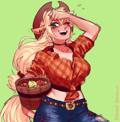 Size: 3742x3800 | Tagged: safe, artist:rumblyf, applejack, human, g4, apple, breasts, bucket, busty applejack, clothes, denim, eared humanization, female, food, front knot midriff, green background, high res, humanized, jeans, light skin, looking at you, midriff, open mouth, open smile, pants, ripped pants, simple background, smiling, smiling at you, solo, tail, tailed humanization, torn clothes