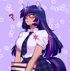 Size: 3742x3800 | Tagged: safe, artist:rumblyf, twilight sparkle, human, g4, book, breasts, busty twilight sparkle, clothes, eared humanization, female, glasses, high res, horn, horned humanization, humanized, looking at you, necktie, plaid skirt, purple background, question mark, school uniform, simple background, skirt, solo, starry background, tail, tailed humanization, tan skin